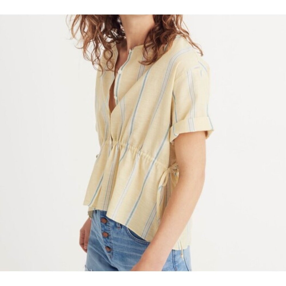 Madewell Cotton Blouse Scoop Neck Pullover Short Sleeve Cinch Waist Stripes Airy